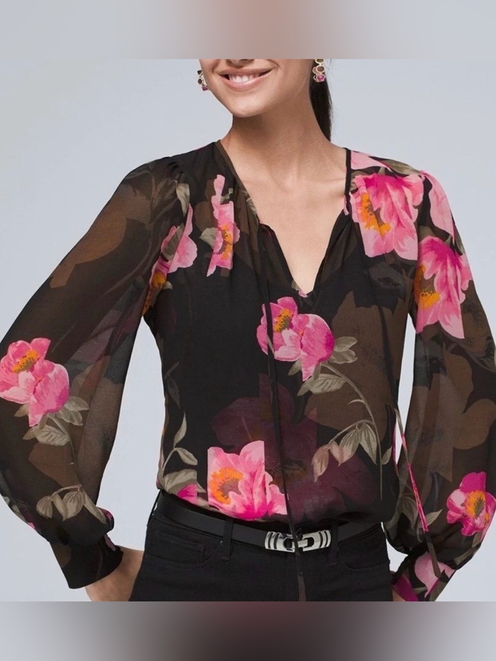White House Black Market Spliced Poppy Floral Blouse; NWT, Sz.S - Picture 2 of 16